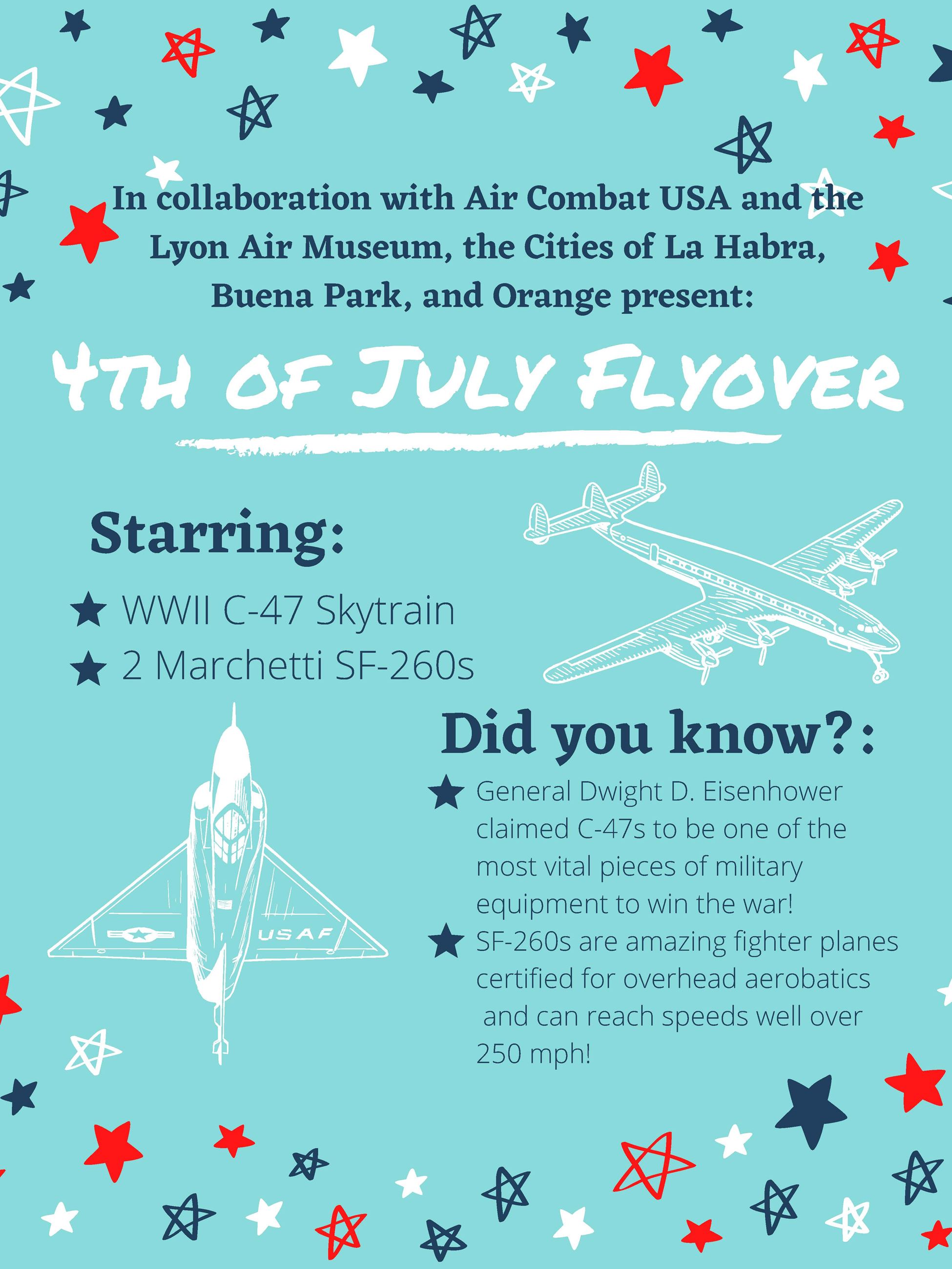 Tells about the airplanes that will be doing a flyover above La Habra on 4th of July 2020