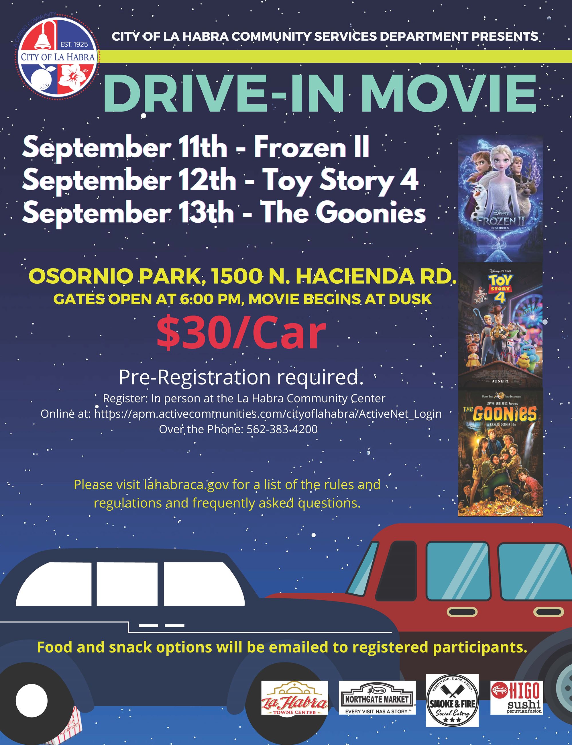 Drive In Movie Flyer lists the movies we will be showing
